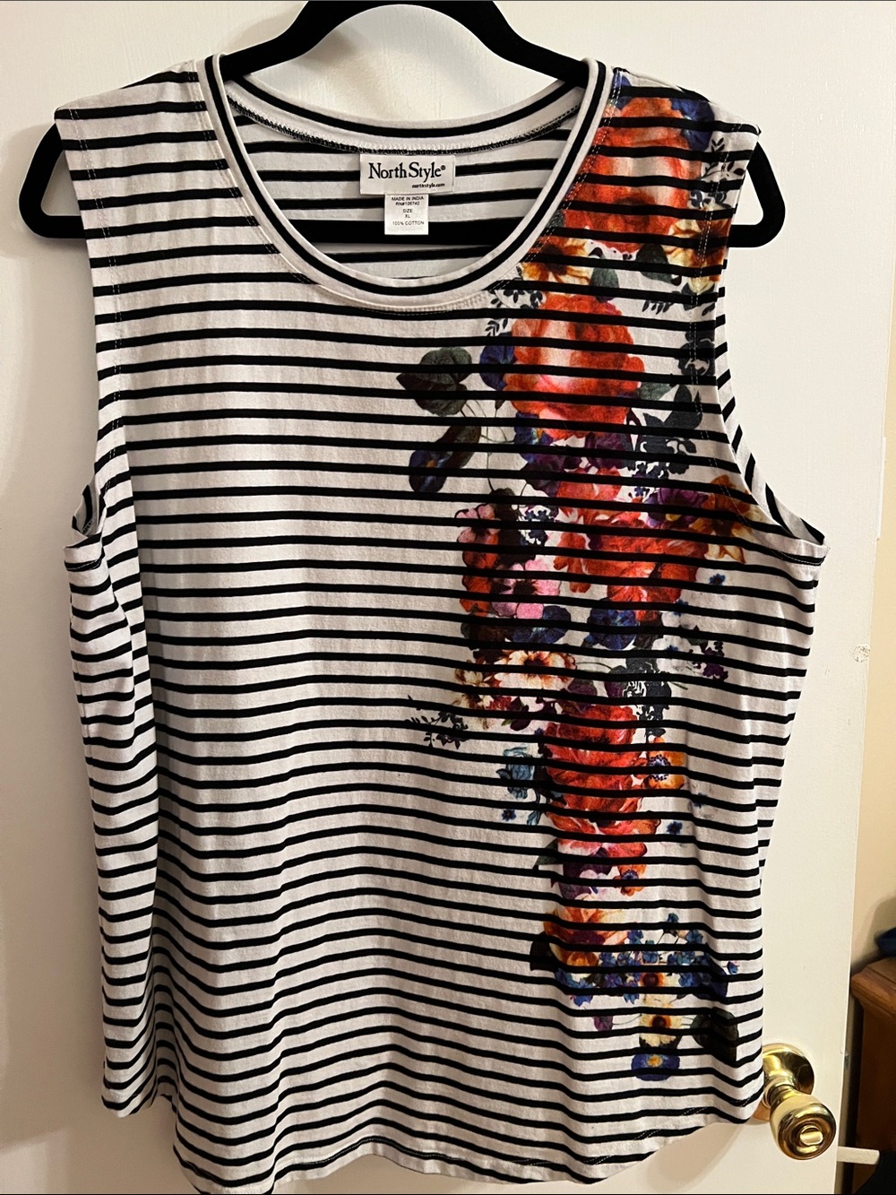 NorthStyle Striped Black & White Tank with Floral Accent